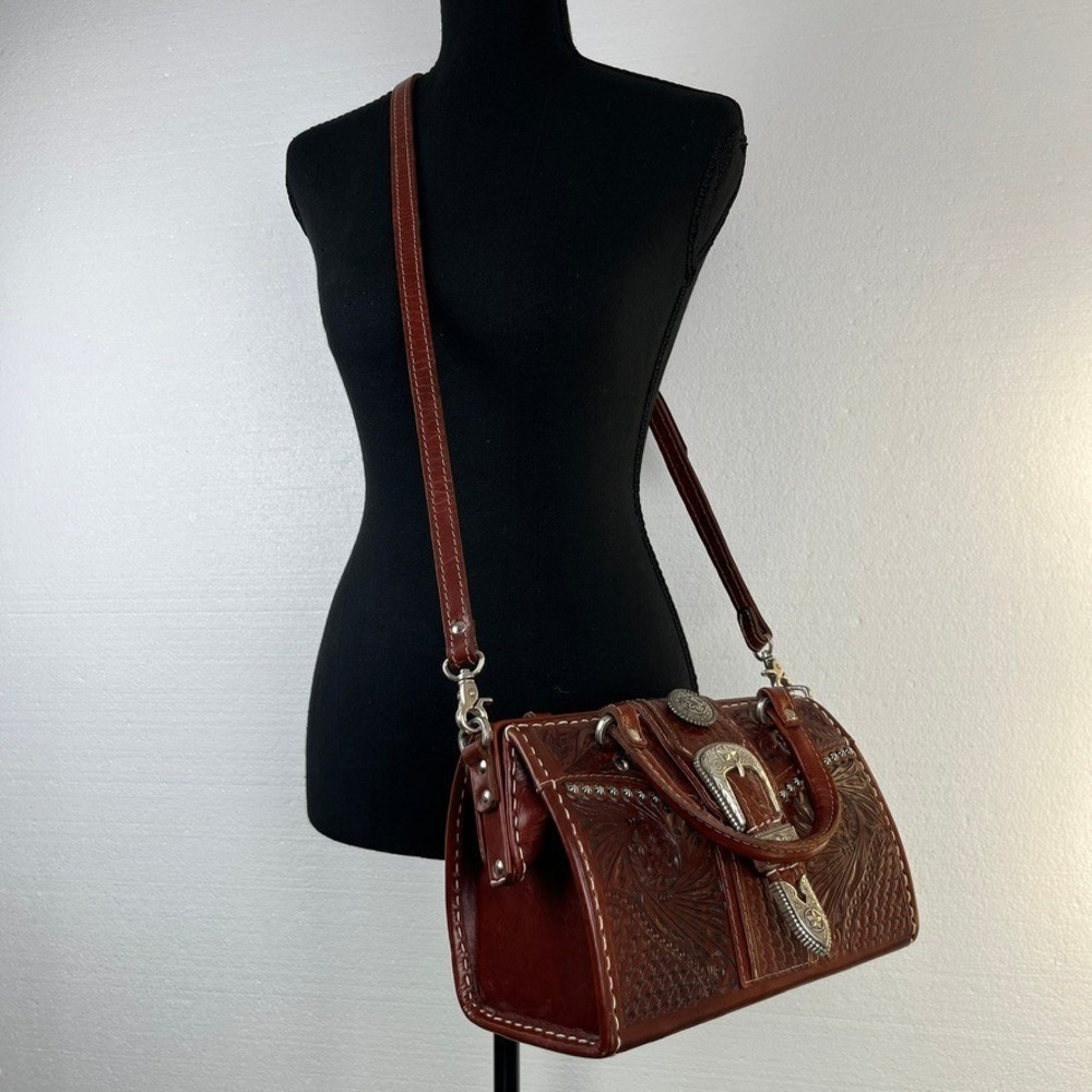 American West Tooled Leather Western Satchel Concho‎ Crossbody Bag Cowgirl